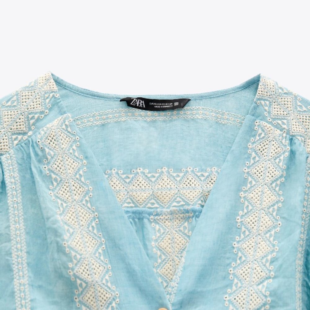 ZARA SMOCKED BALLOON SLEEVE COMBINATION EMBROIDERED BUTTON DOWN SHIRT - Picture 4 of 7